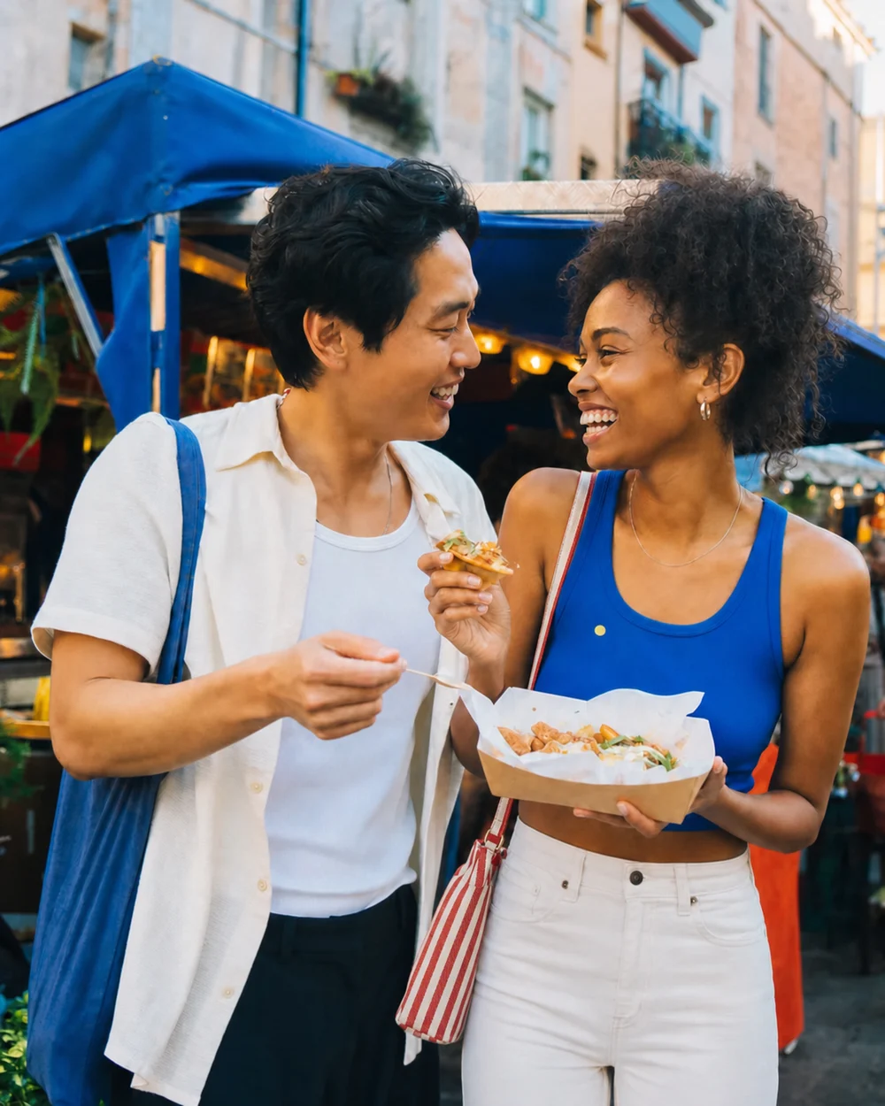 Una pareja joven disfrutando de una cita en un mercado urbano