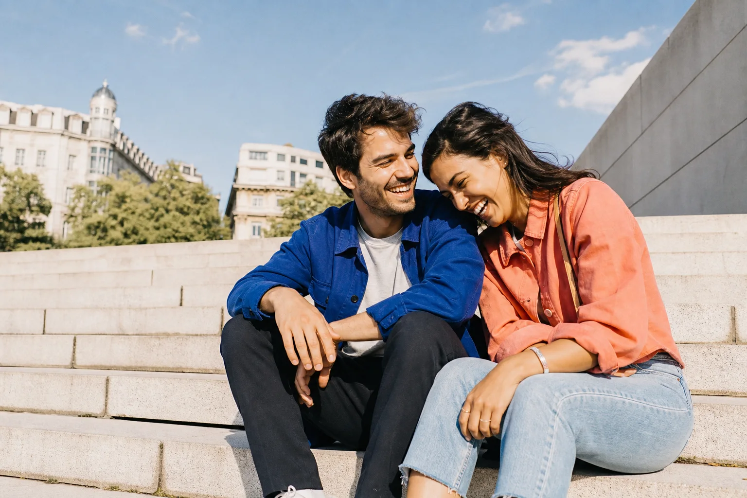 Una pareja riendo junta en una cita al aire libre