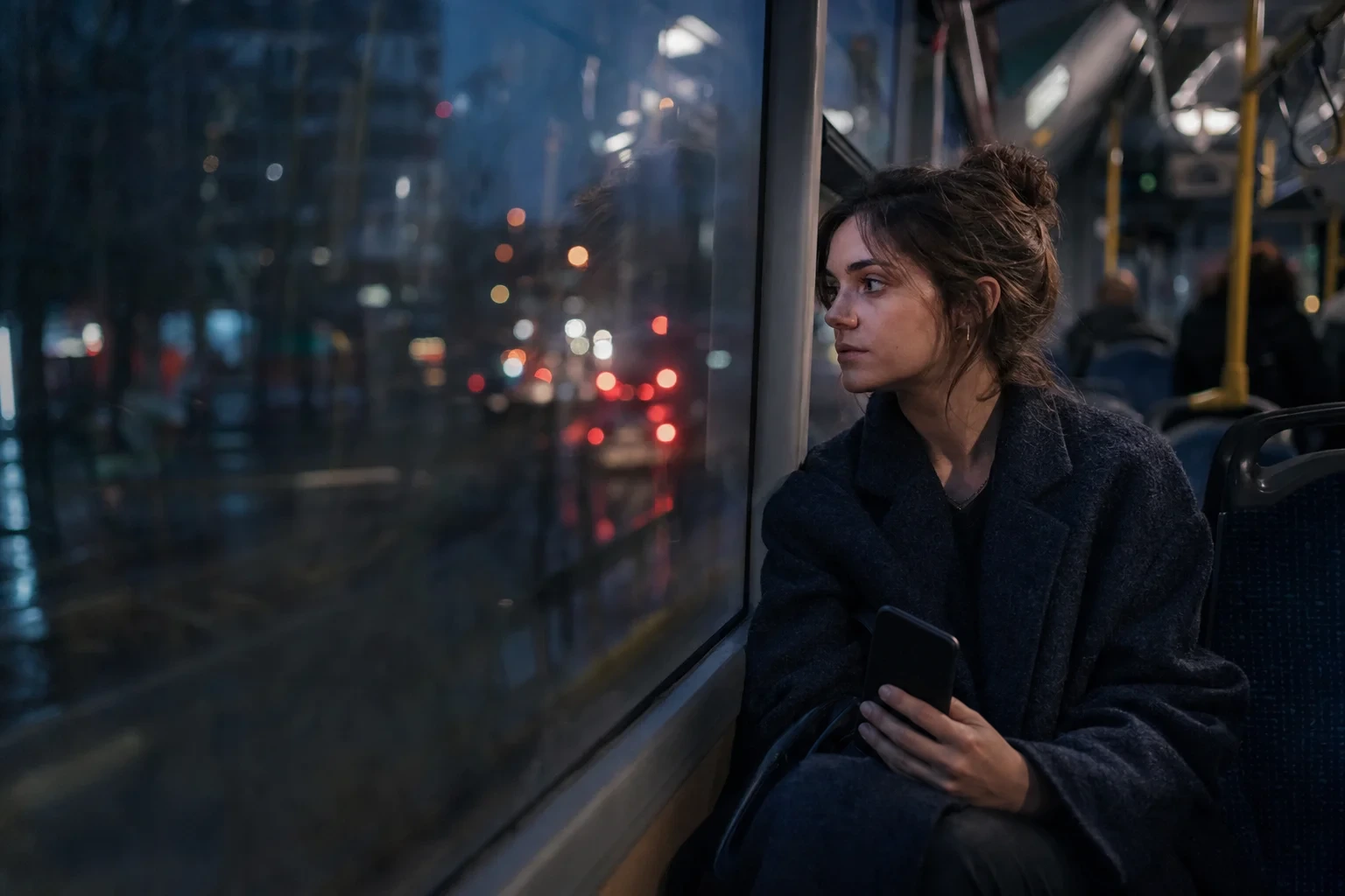 A woman sitting alone on a city bus at night
