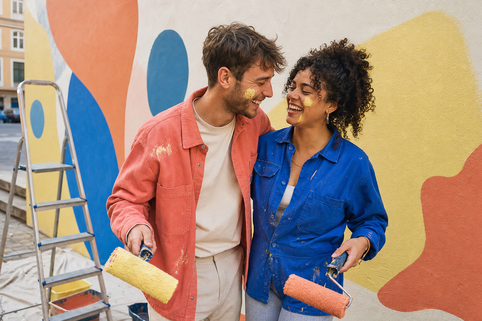 A joyful multicultural couple painting a community mural together